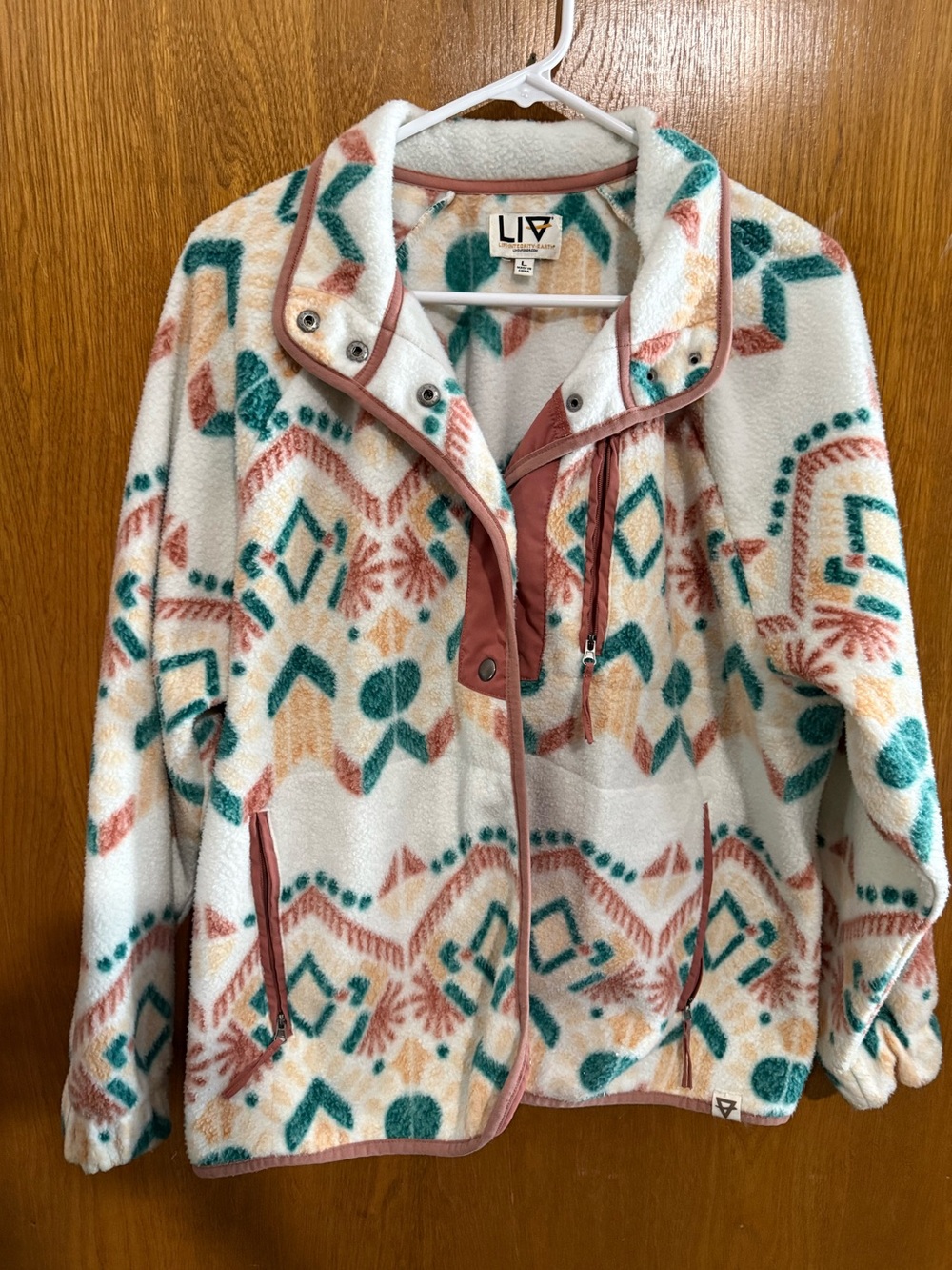 Women’s Cream Aztec Print Fleece Jacket with Rust Trim